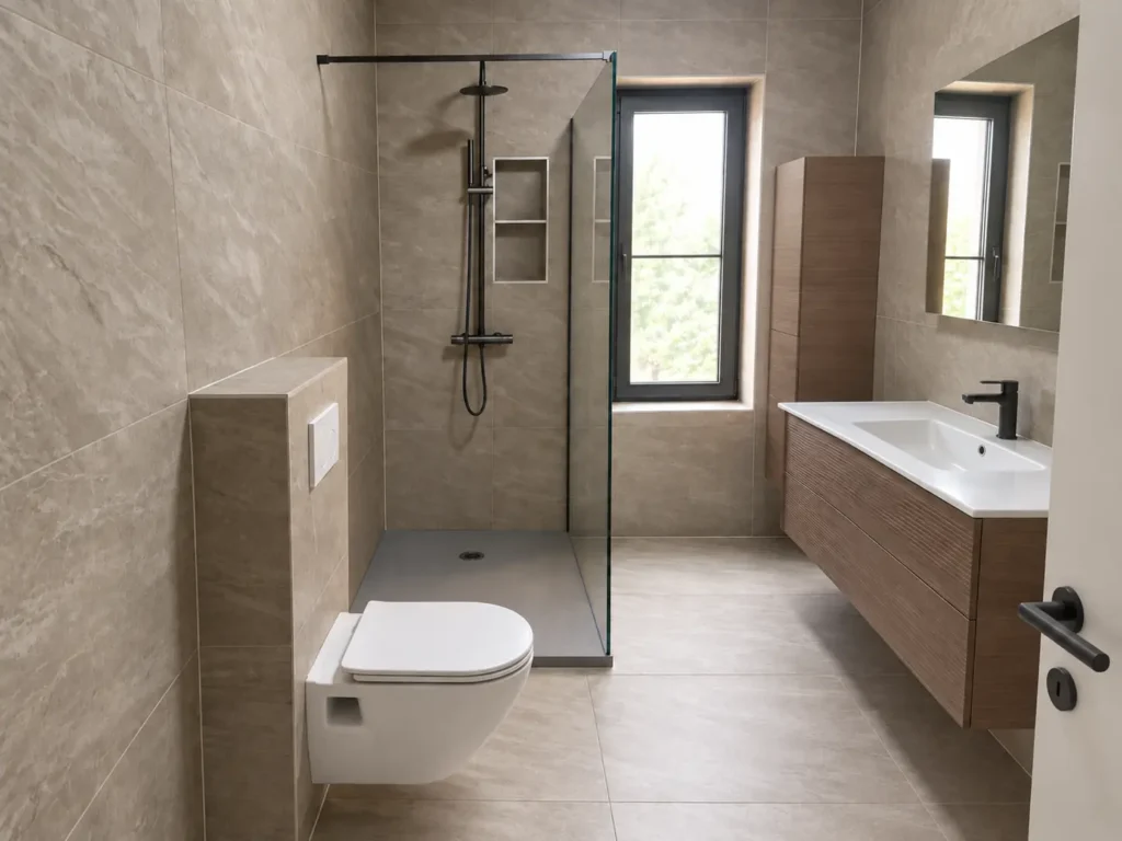 Moderne badkamerrenovatie met inloopdouche en wandtoilet