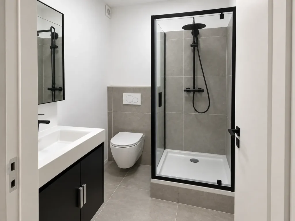 Compacte badkamer met douchecabine en wandtoilet