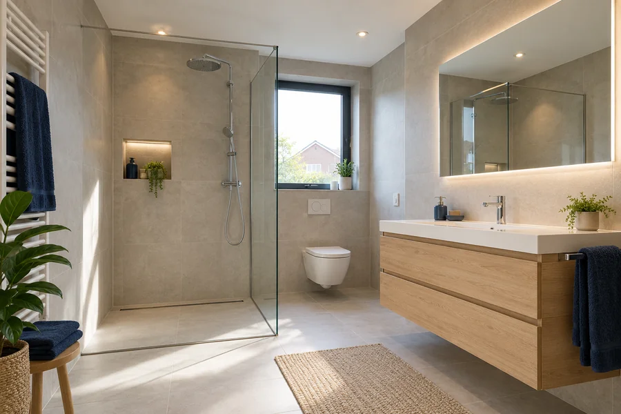 Illustratie van een moderne badkamer met inloopdouche en houten wastafelmeubel