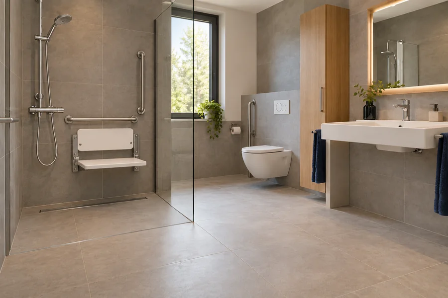 Illustratie van een toegankelijke badkamer met drempelloze douche, douchezitje en steunbeugels