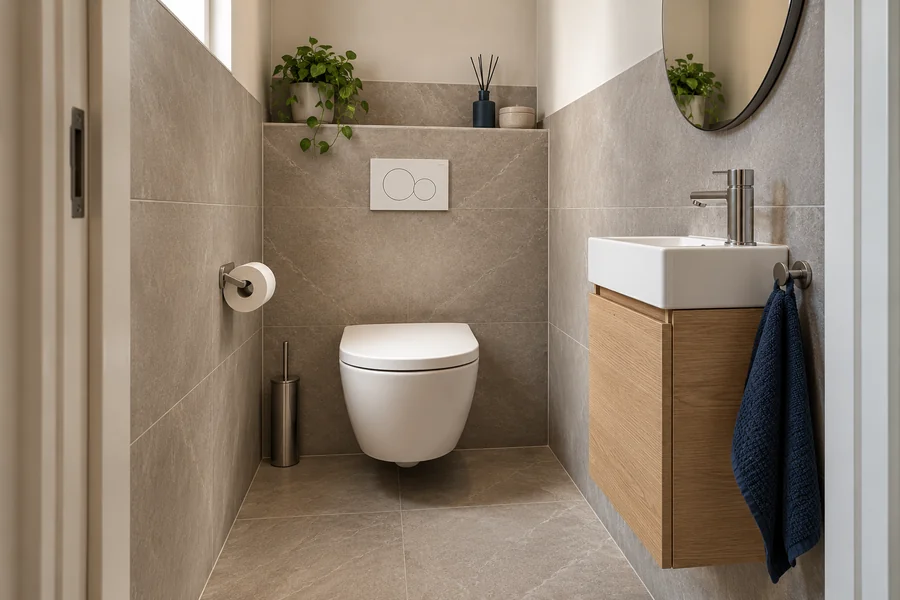 Illustratie van een moderne toiletruimte met wandtoilet en houten wastafelmeubel